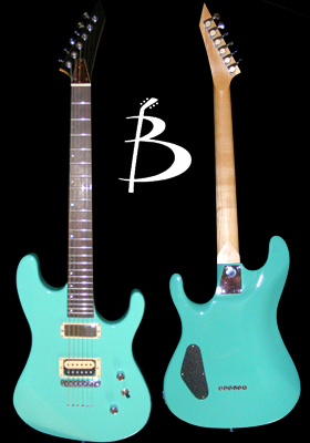 Custom Guitar Strat Stratocaster, Seafoam green finish, string-through body construction, Gotoh 510 mini tuners and Graphtech Resomax bridge, Mahogany body. By Basone