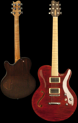Basone carved top guitar single cut away, chambered, red finish, front and back